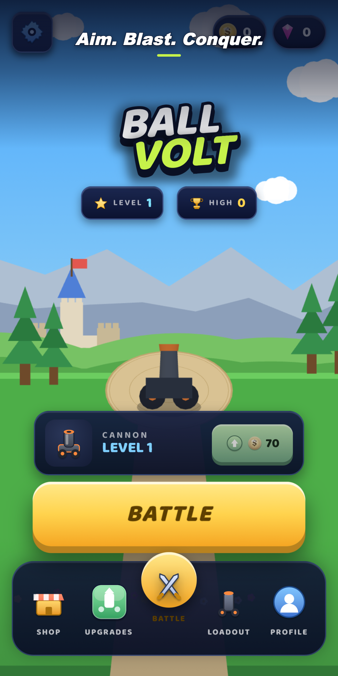 Ballvolt gameplay: a cannon firing at falling numbered blocks