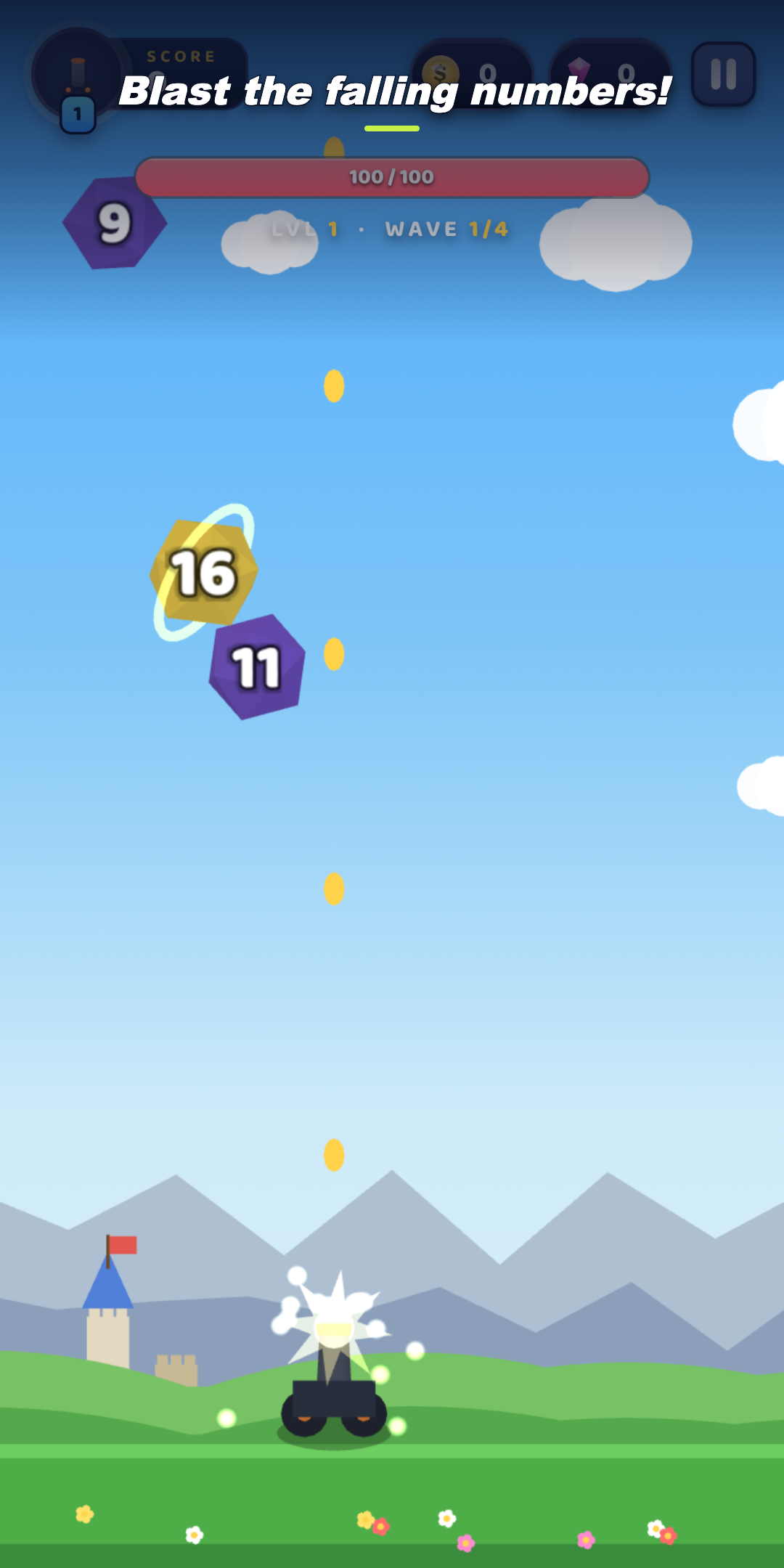 Ballvolt gameplay on an iPhone: a cannon firing at falling numbered blocks